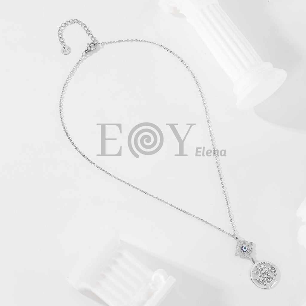 Collar con nudo de bruja y ojo turco + medalla de símbolos