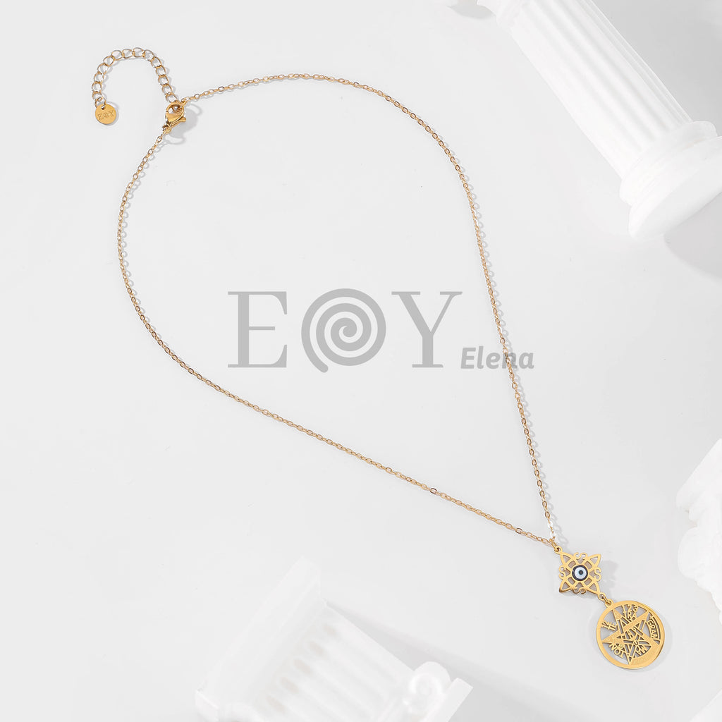 Collar con nudo de bruja y ojo turco + medalla de símbolos