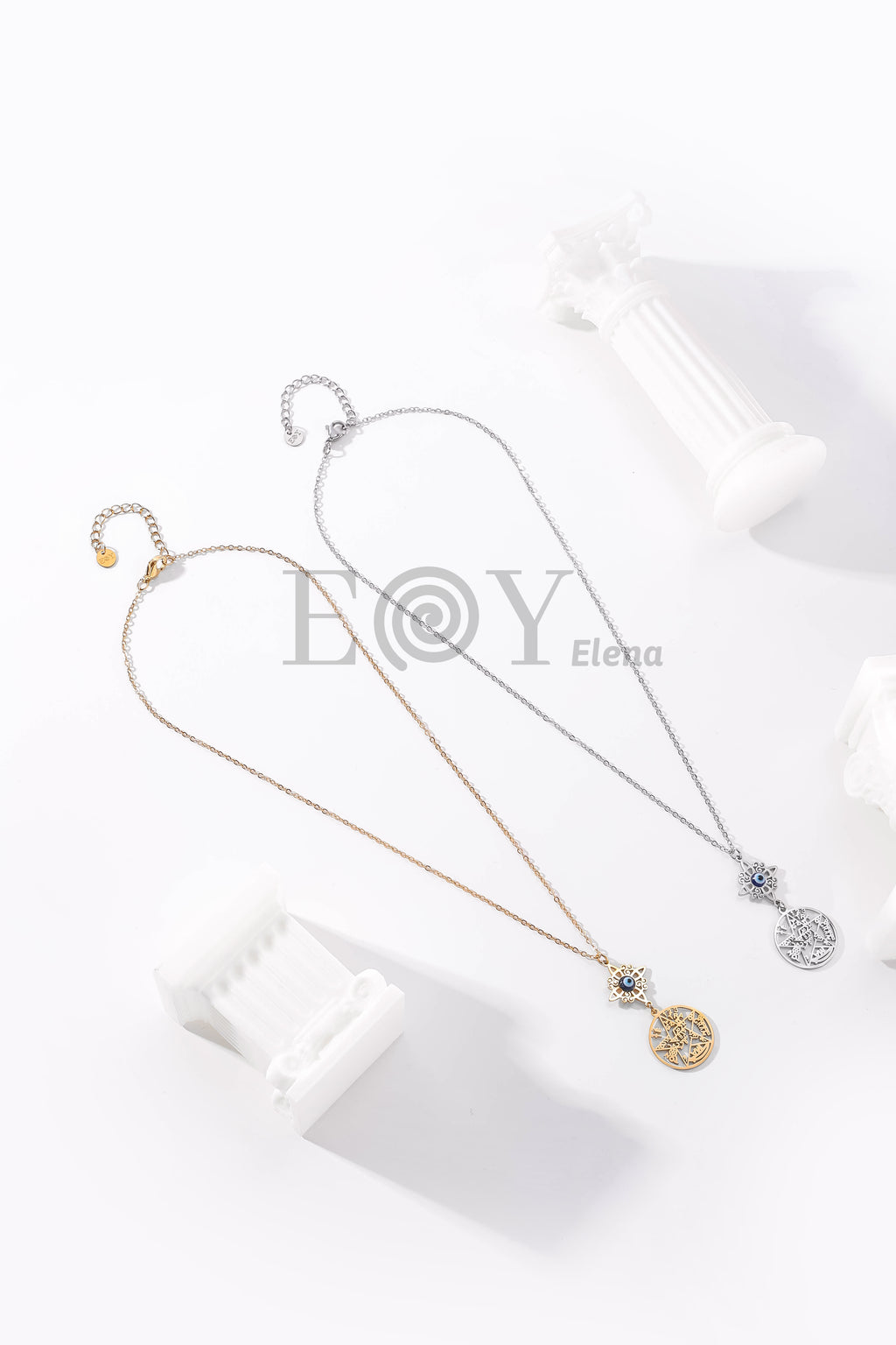 Collar con nudo de bruja y ojo turco + medalla de símbolos