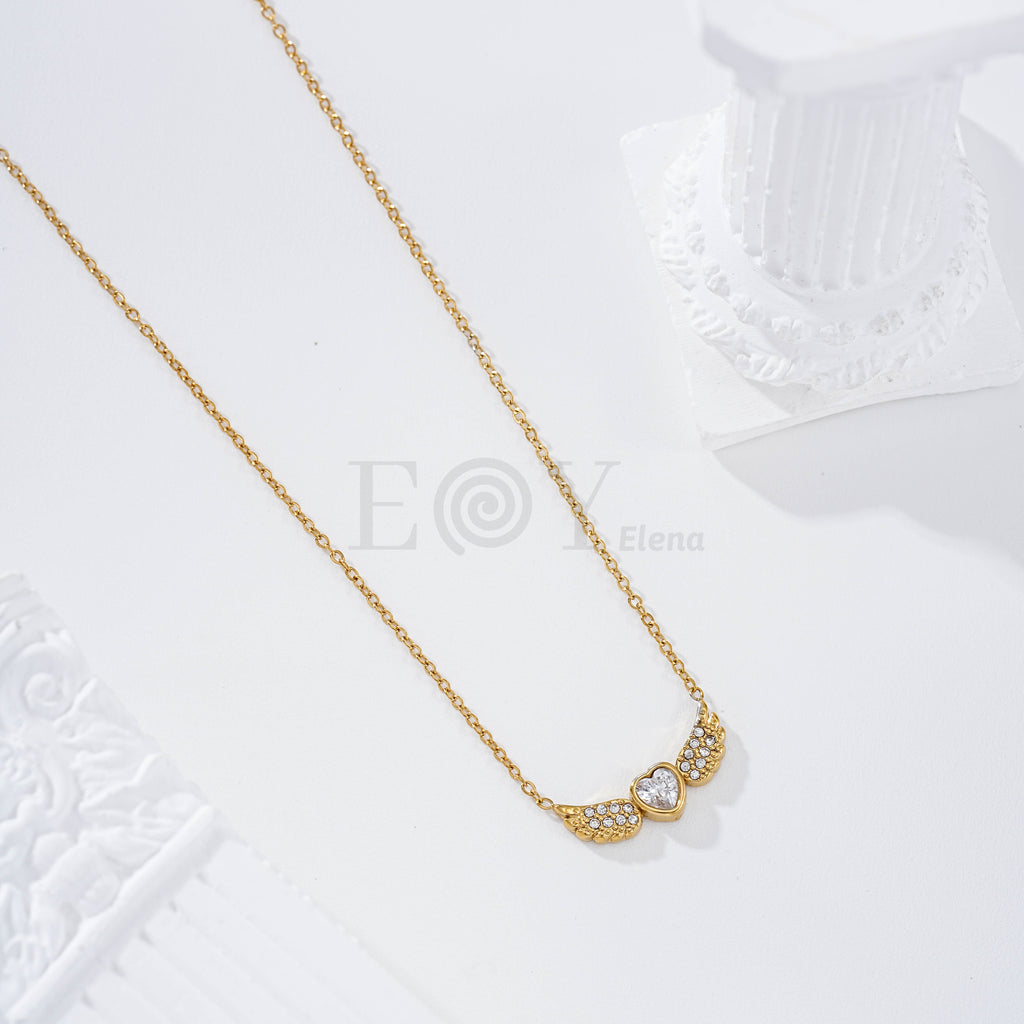 Collar corazón alas circonitas acero