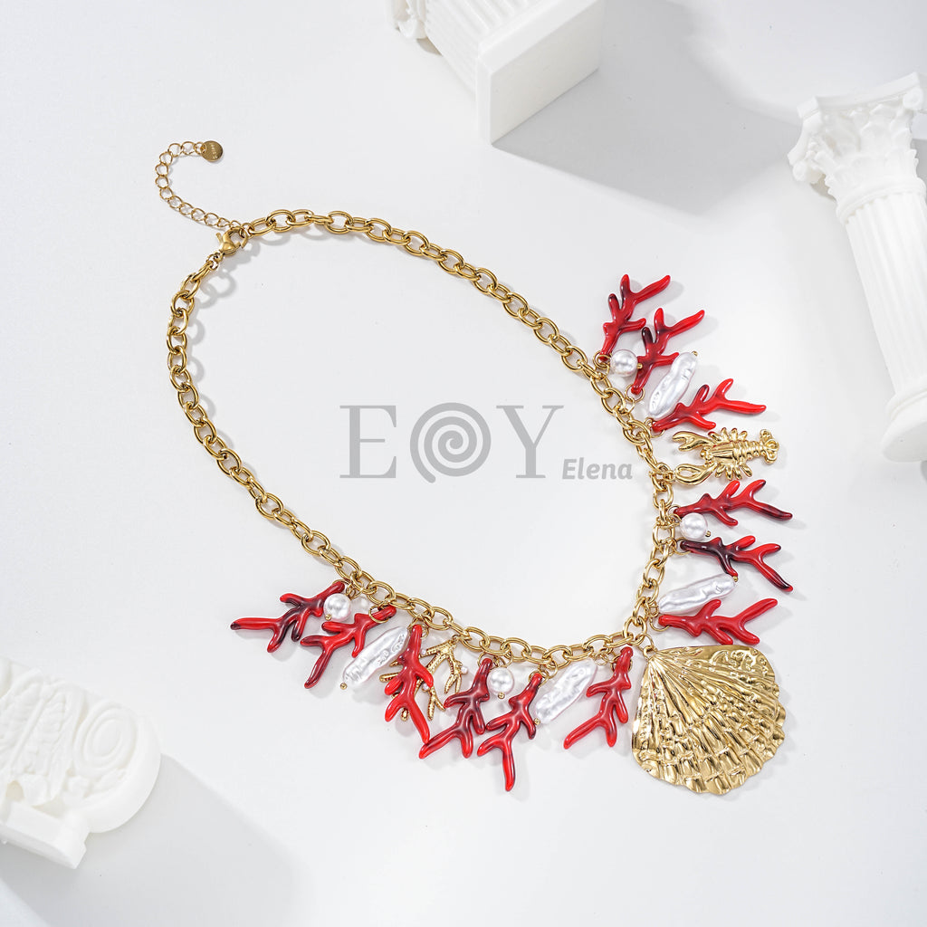 Collar coral de resina y acero con concha central