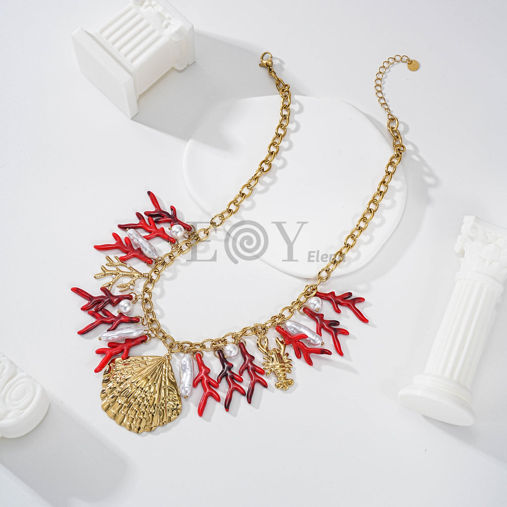 Collar coral de resina y acero con concha central