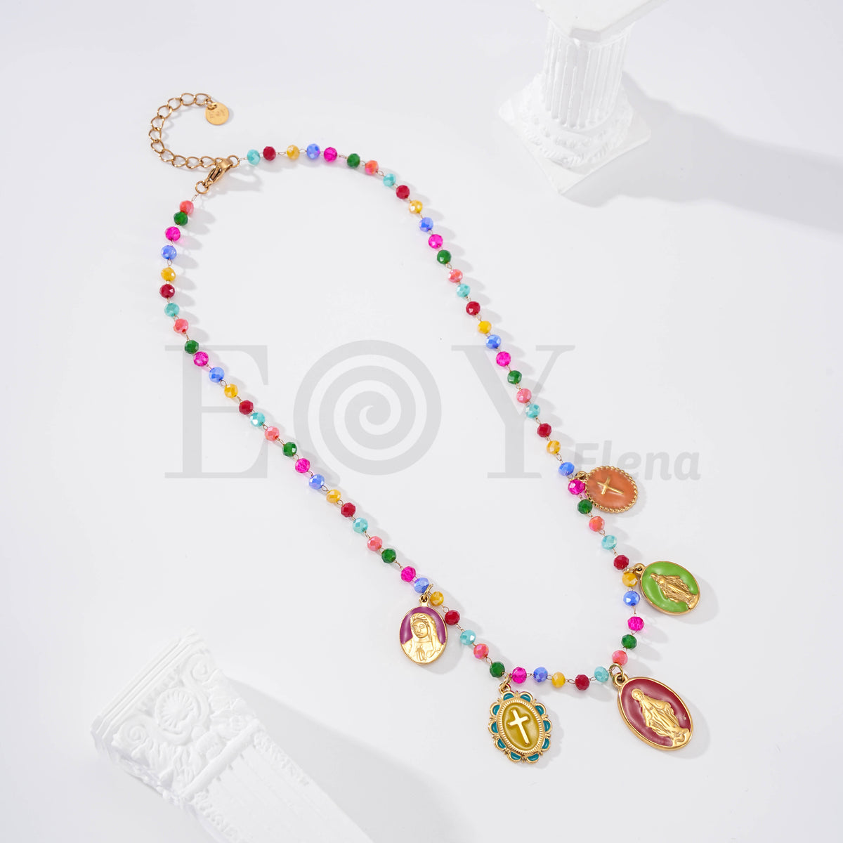 Collar cadena bolas colores y medallas virgenes acero