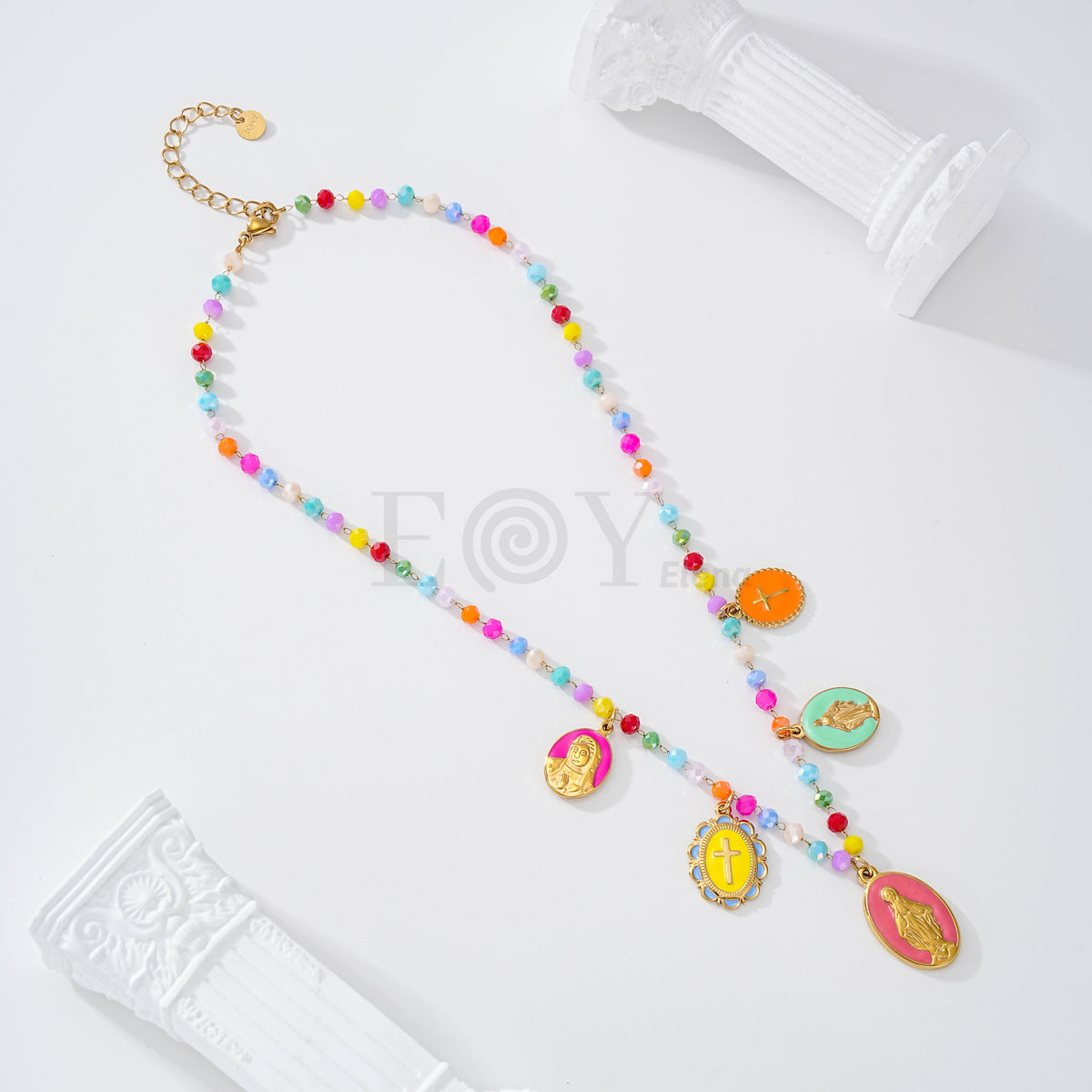 Collar cadena bolas colores y medallas virgenes acero