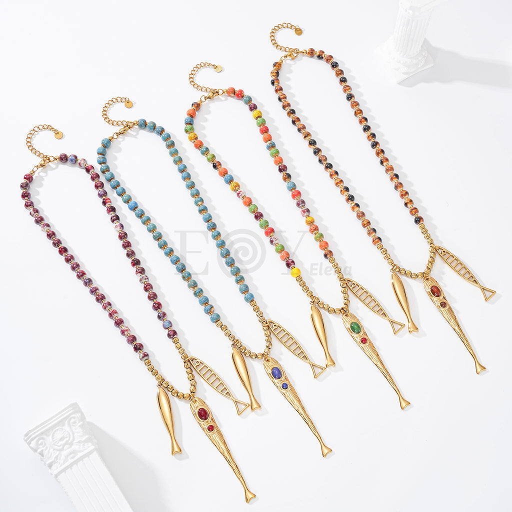 Collar cadena bolas y triple pez acero