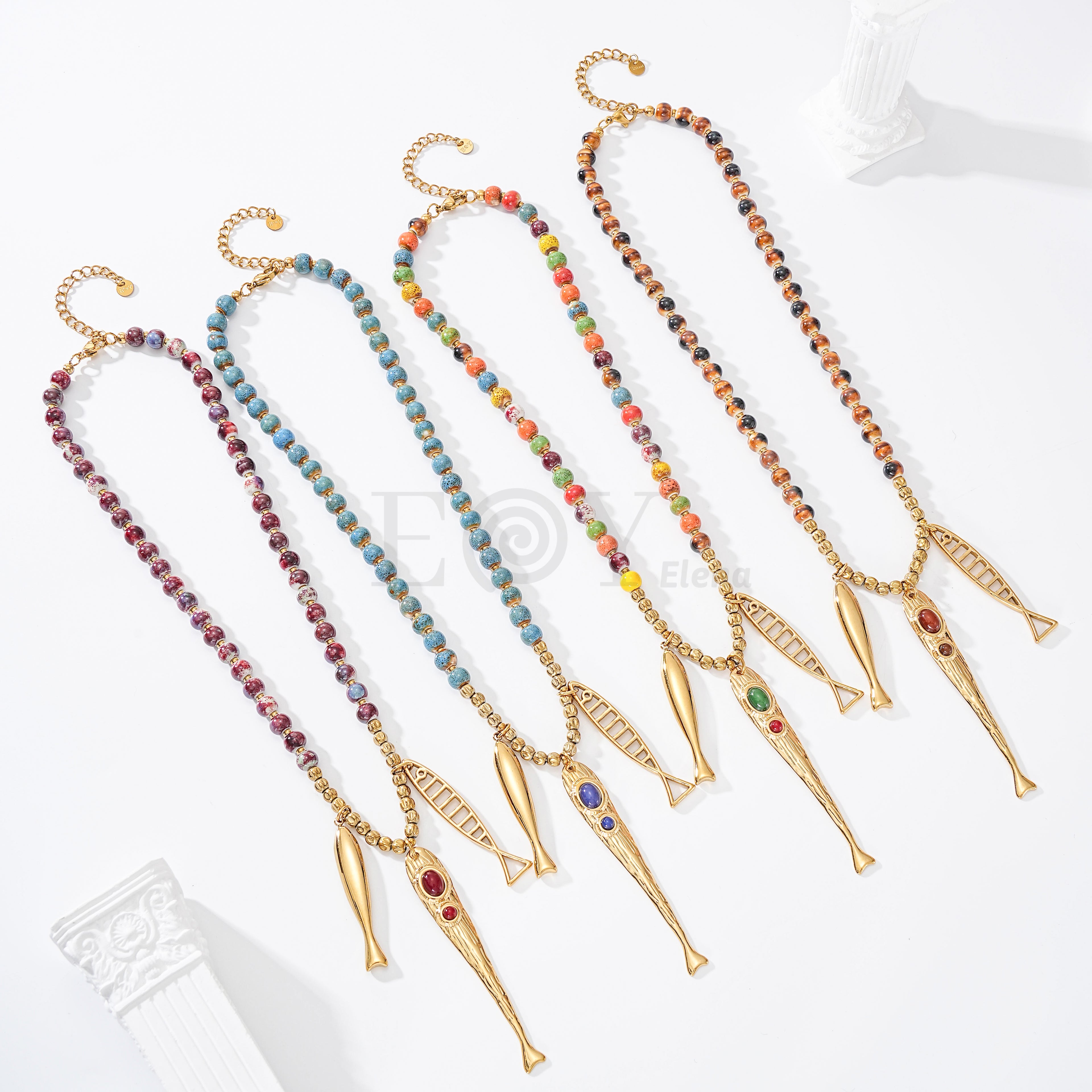 Collar cadena bolas y triple pez acero