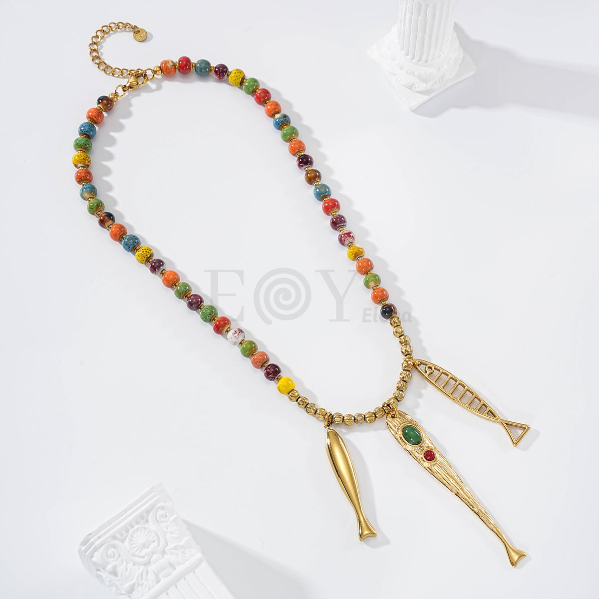 Collar cadena bolas y triple pez acero