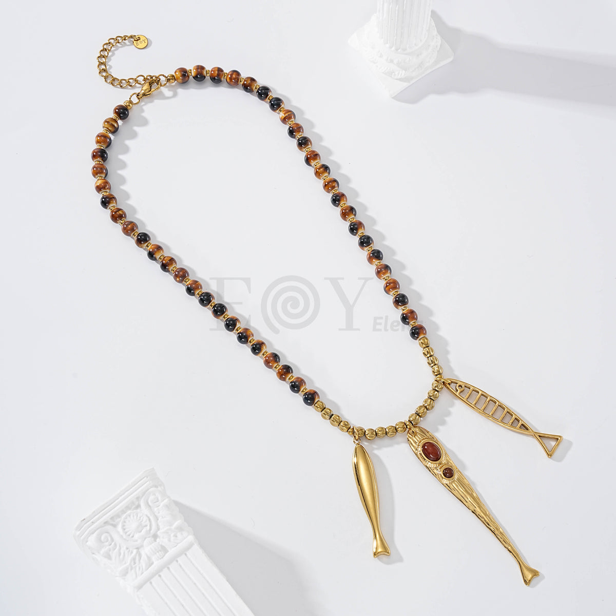 Collar cadena bolas y triple pez acero