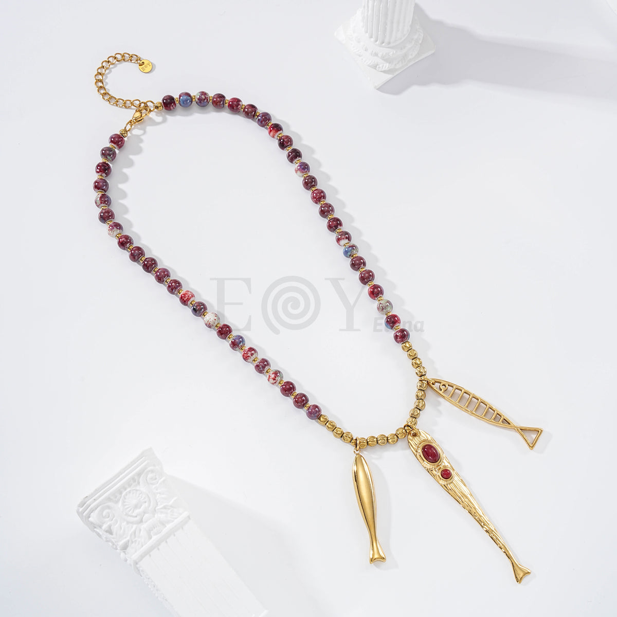 Collar cadena bolas y triple pez acero