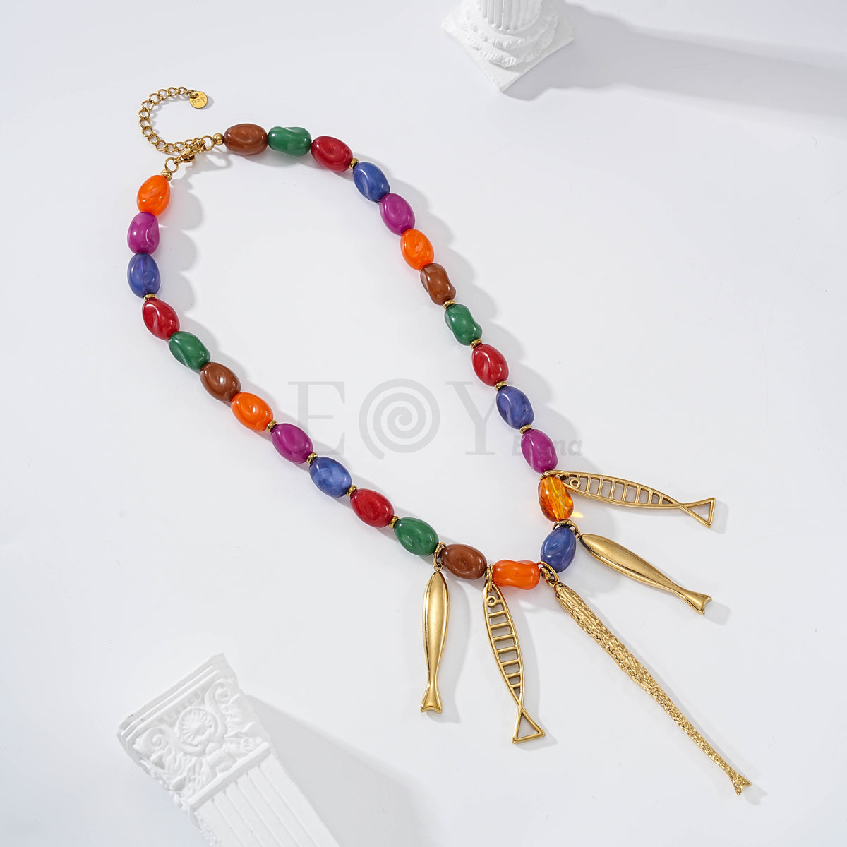 Collar cadena piedras con cinco peces acero