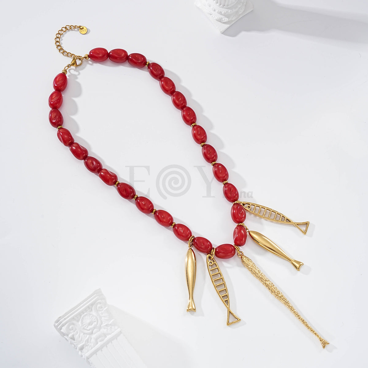 Collar cadena piedras con cinco peces acero