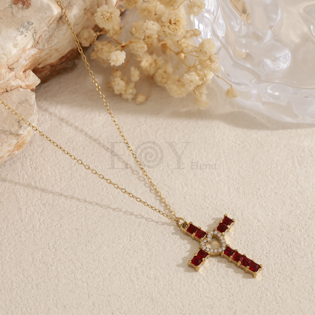 Collar cruz con piedra y corazón circonitas acero