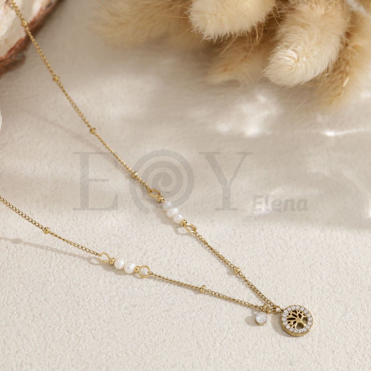 Collar árbol de la vida y perlas acero
