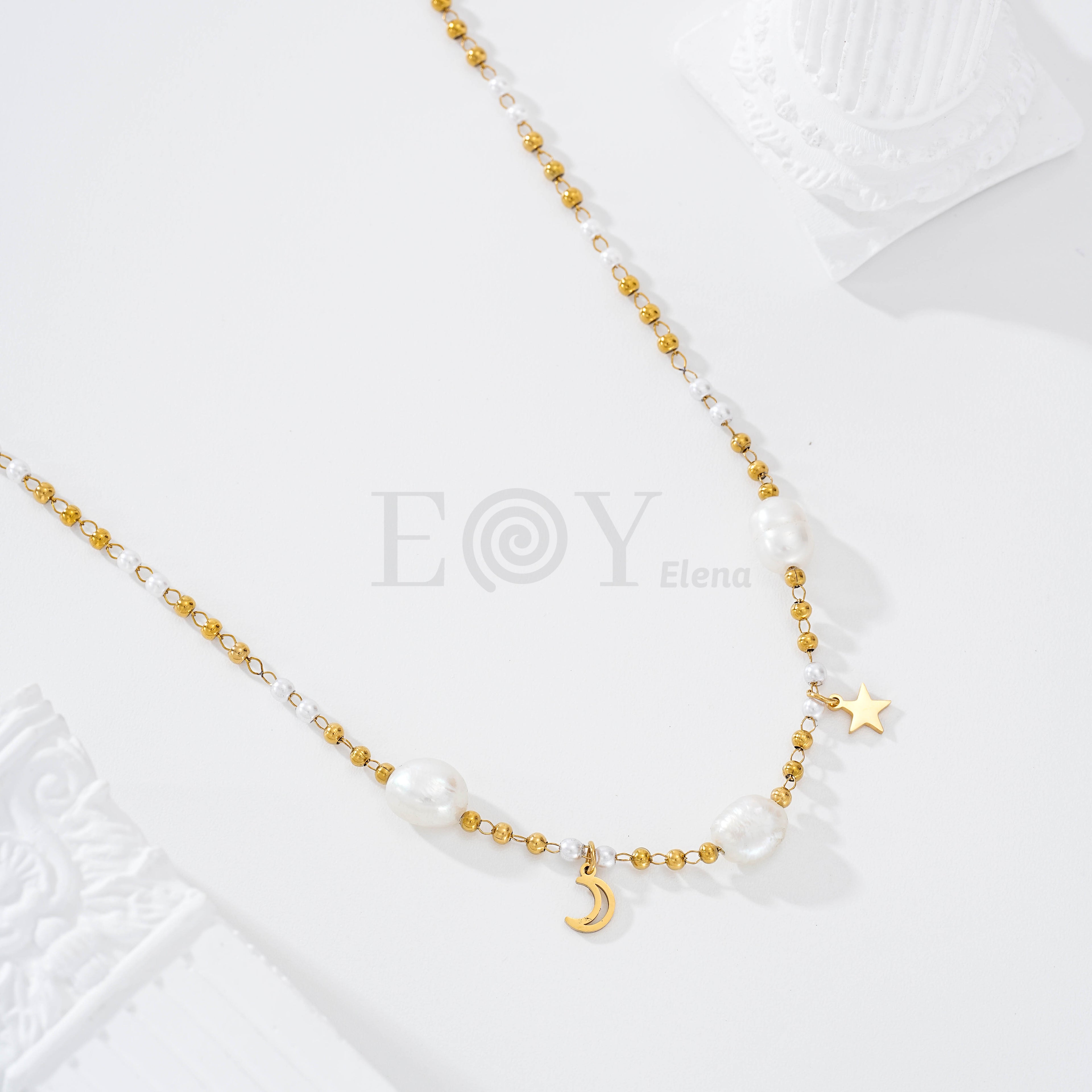Collar bolitas con perlas, estrella y luna acero
