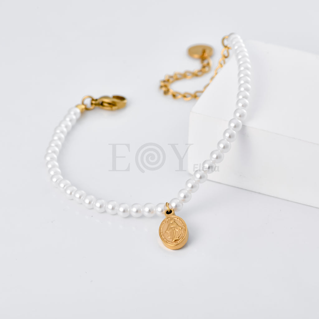 Pulsera Virgen Milagrosa con cadena perlas
