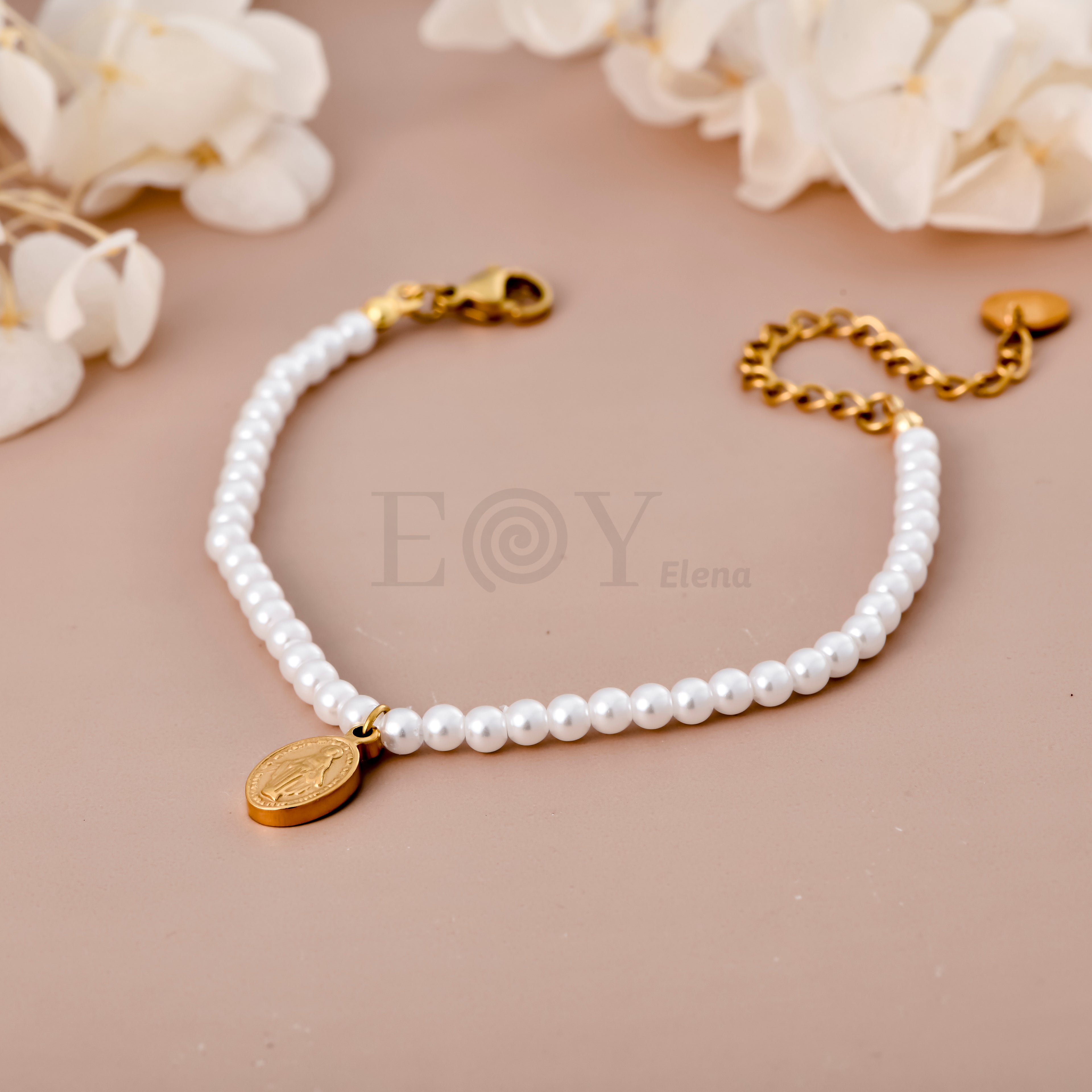 Pulsera Virgen Milagrosa con cadena perlas
