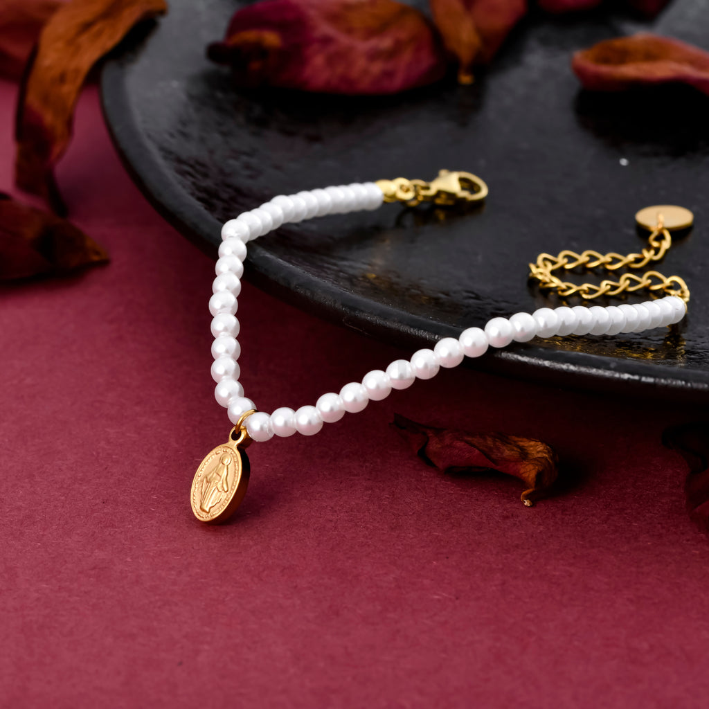 Pulsera Virgen Milagrosa con cadena perlas