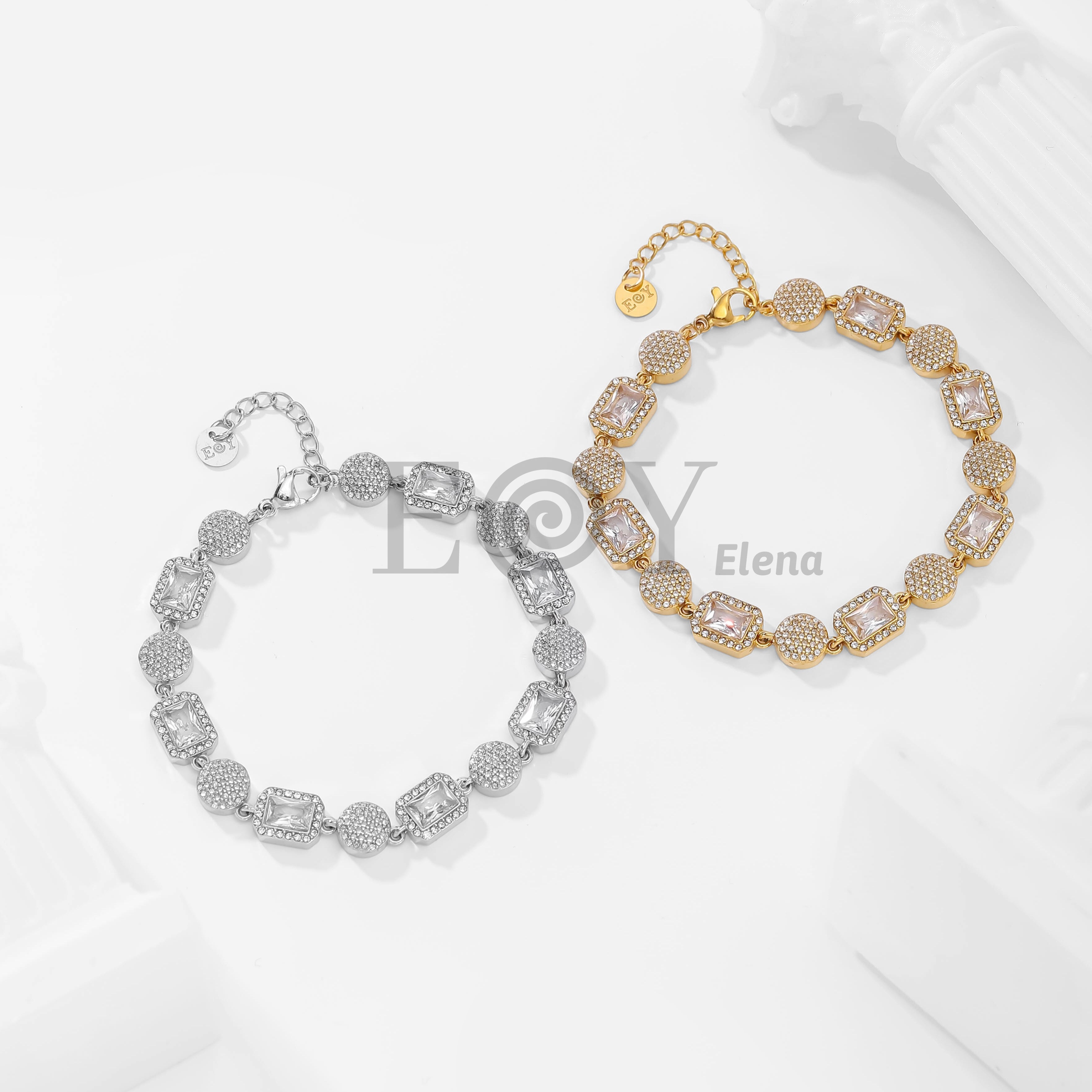 Pulsera con circonitas rectangulares y redondas