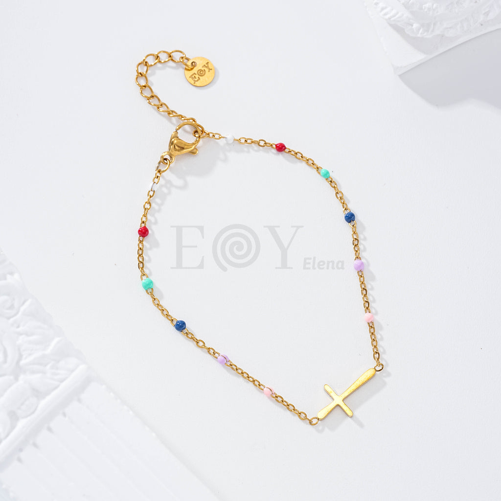 Pulsera bolitas color con cruz central acero