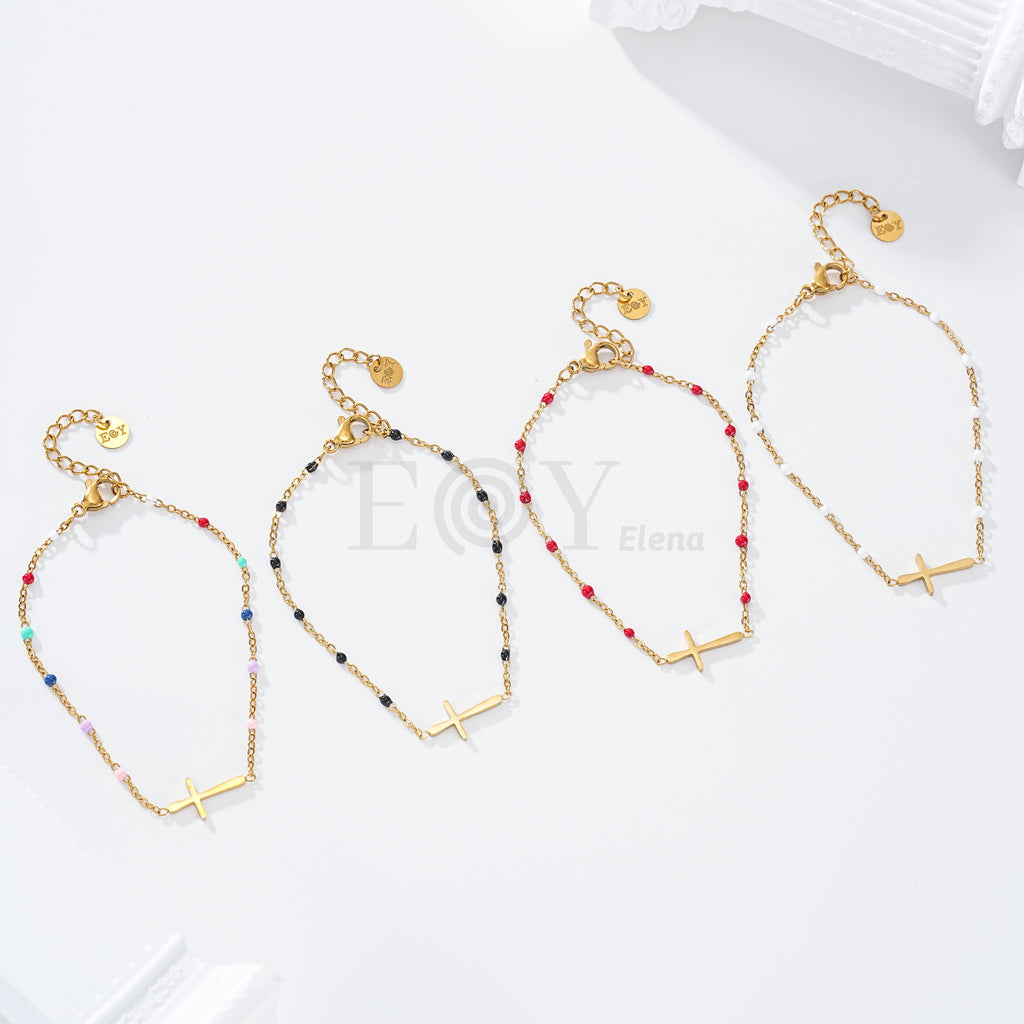 Pulsera bolitas color con cruz central acero