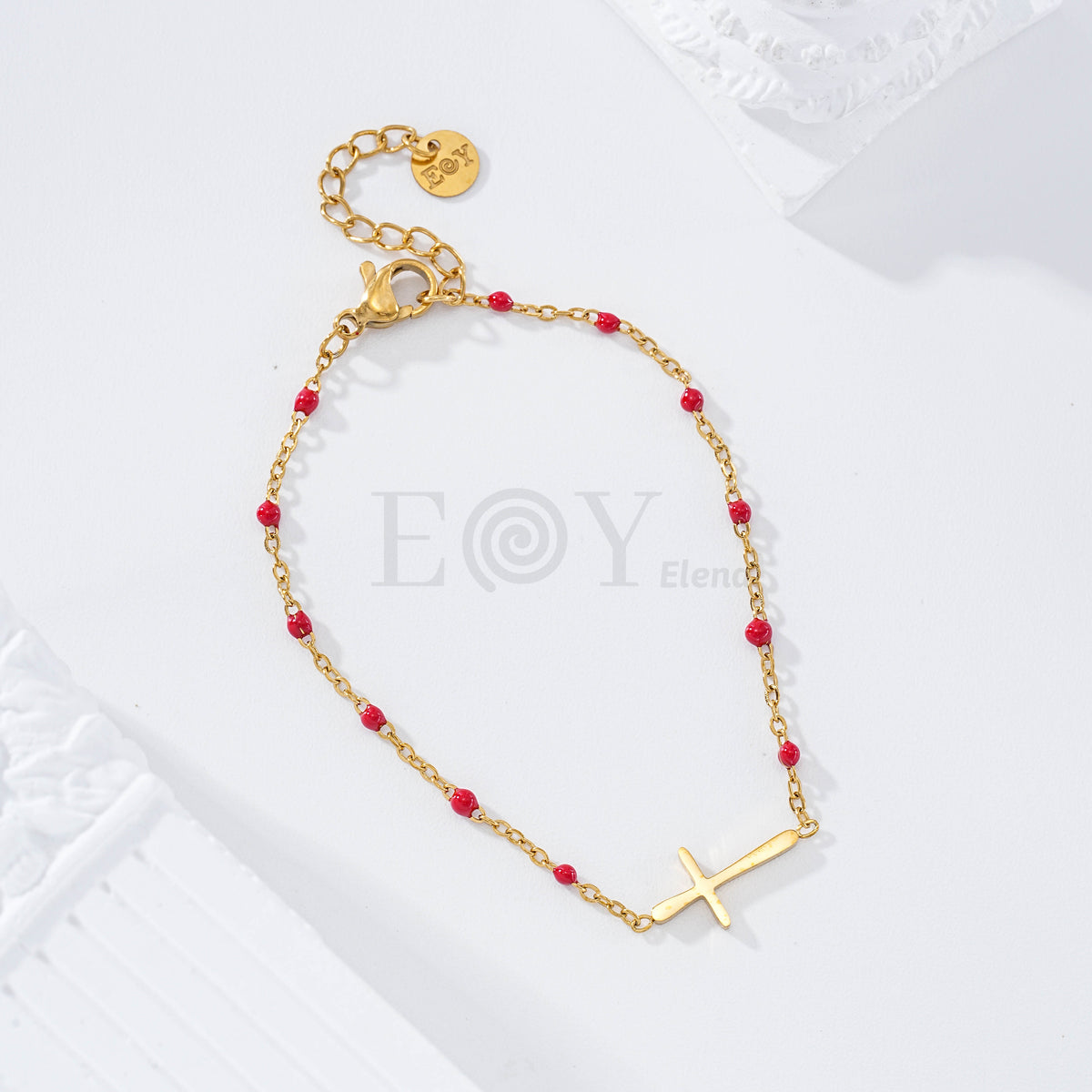 Pulsera bolitas color con cruz central acero
