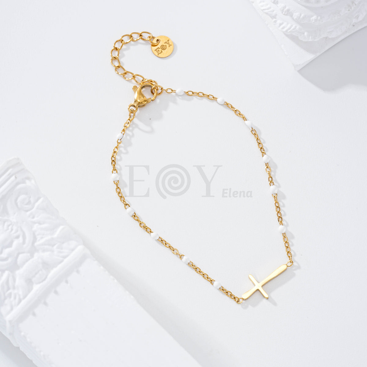 Pulsera bolitas color con cruz central acero