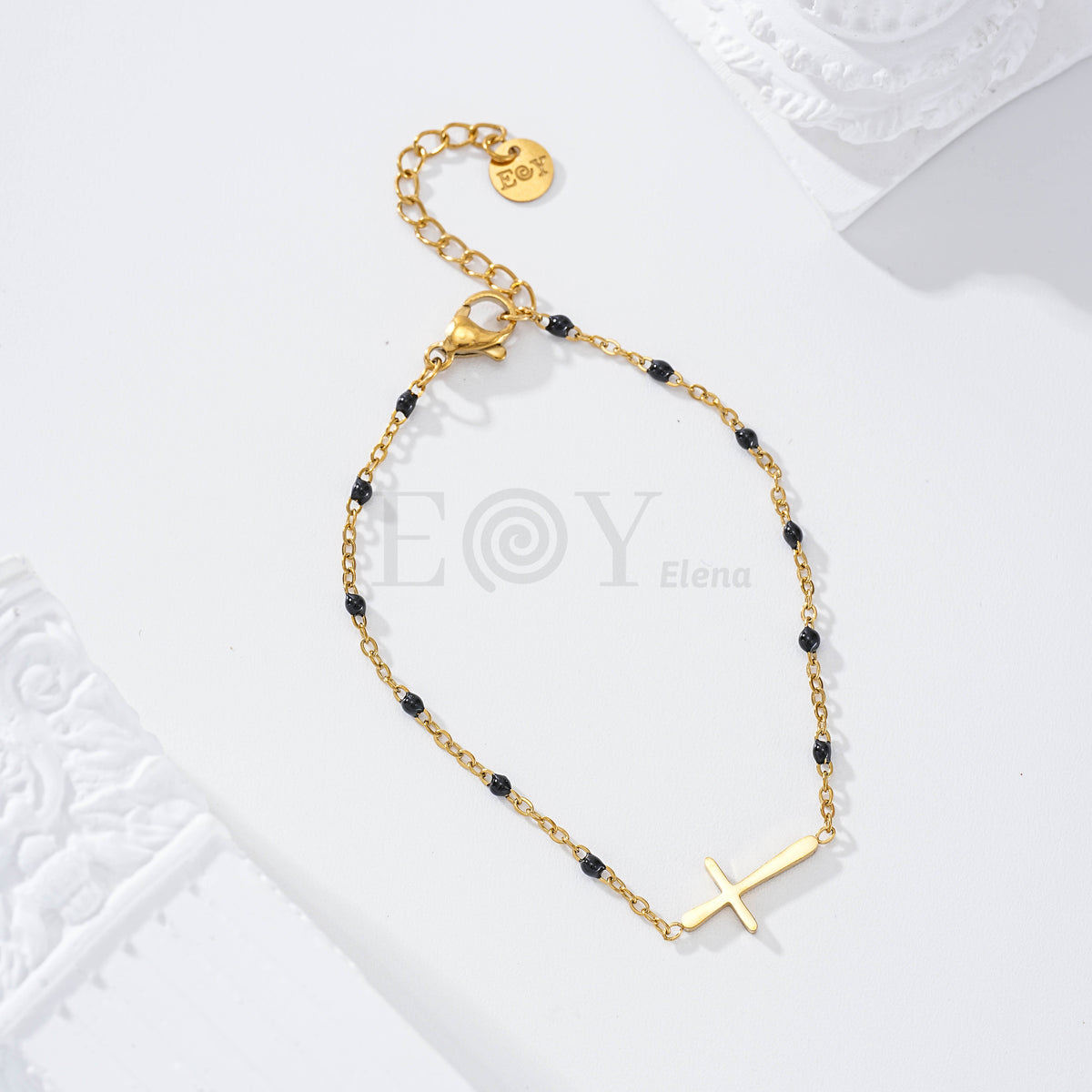 Pulsera bolitas color con cruz central acero