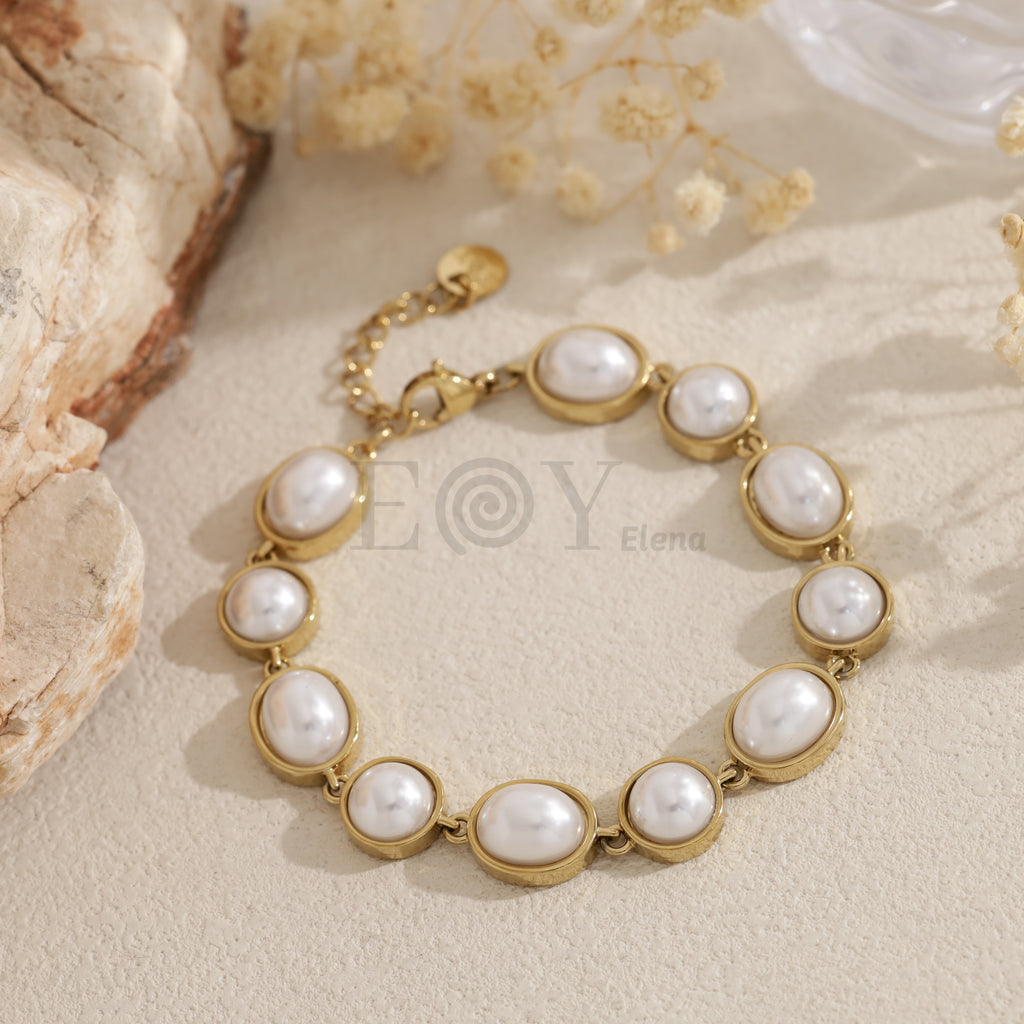 Pulsera de eslabones de perlas óvalas y circulares