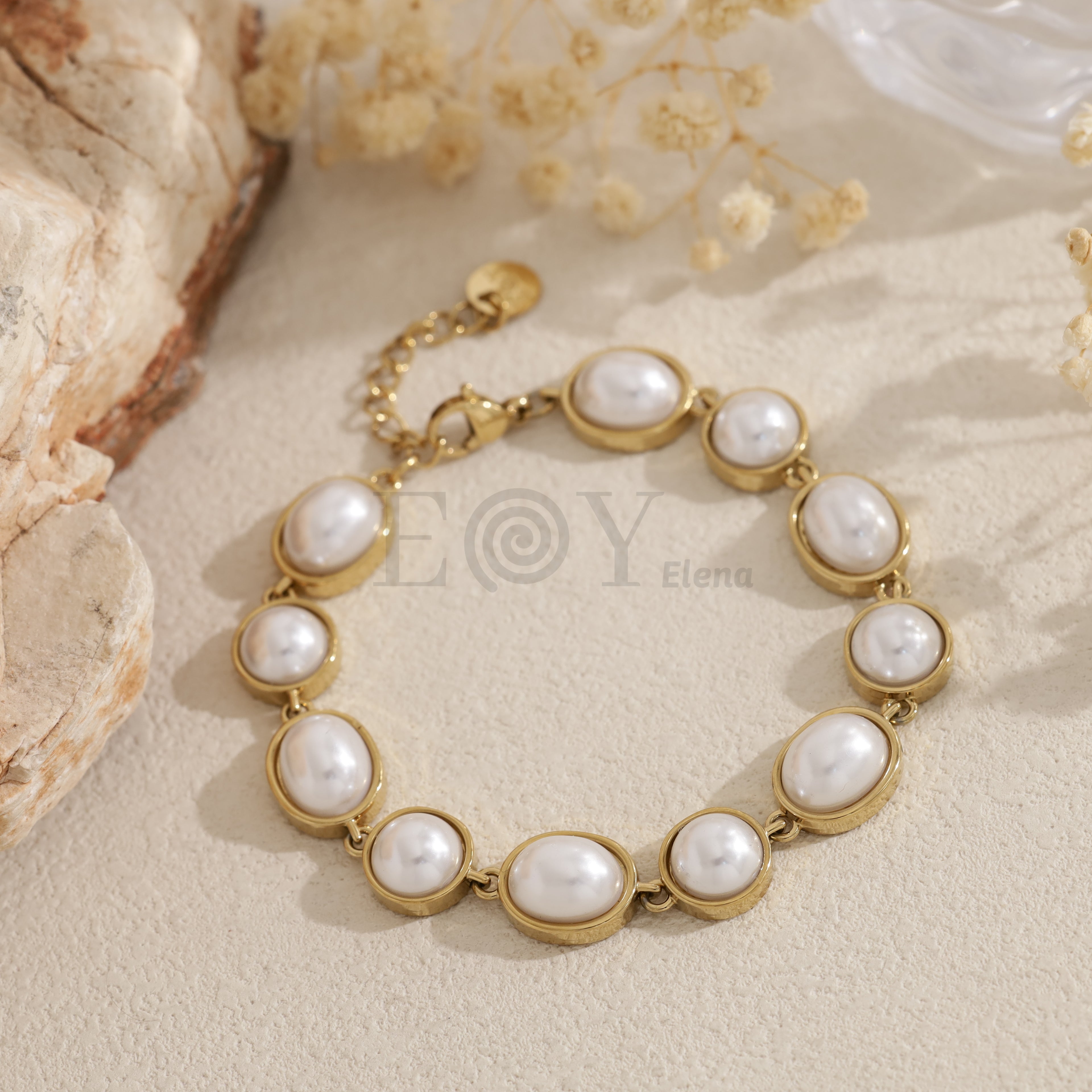 Pulsera de eslabones de perlas óvalas y circulares