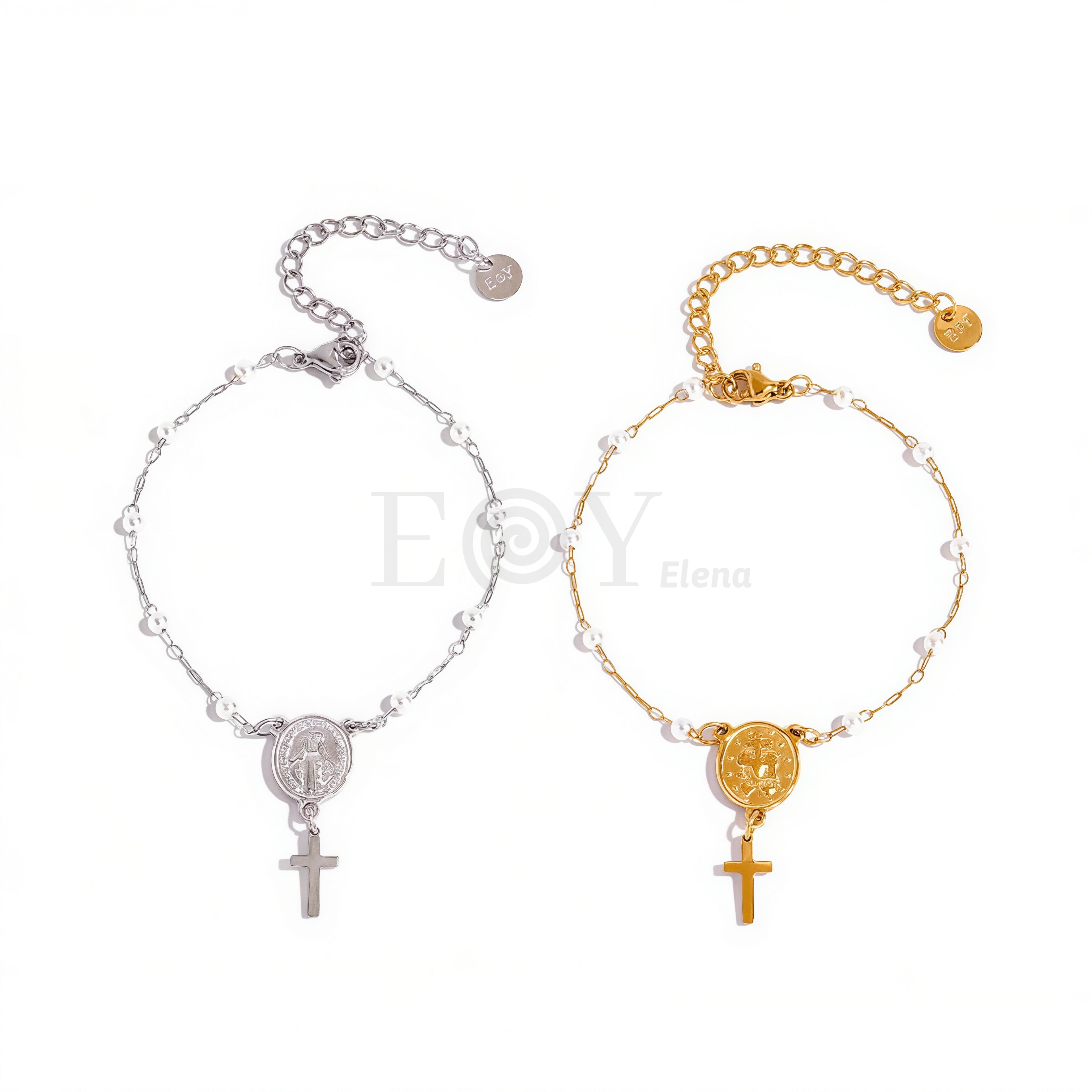 Pulsera bolitas chapa y cruz colgante