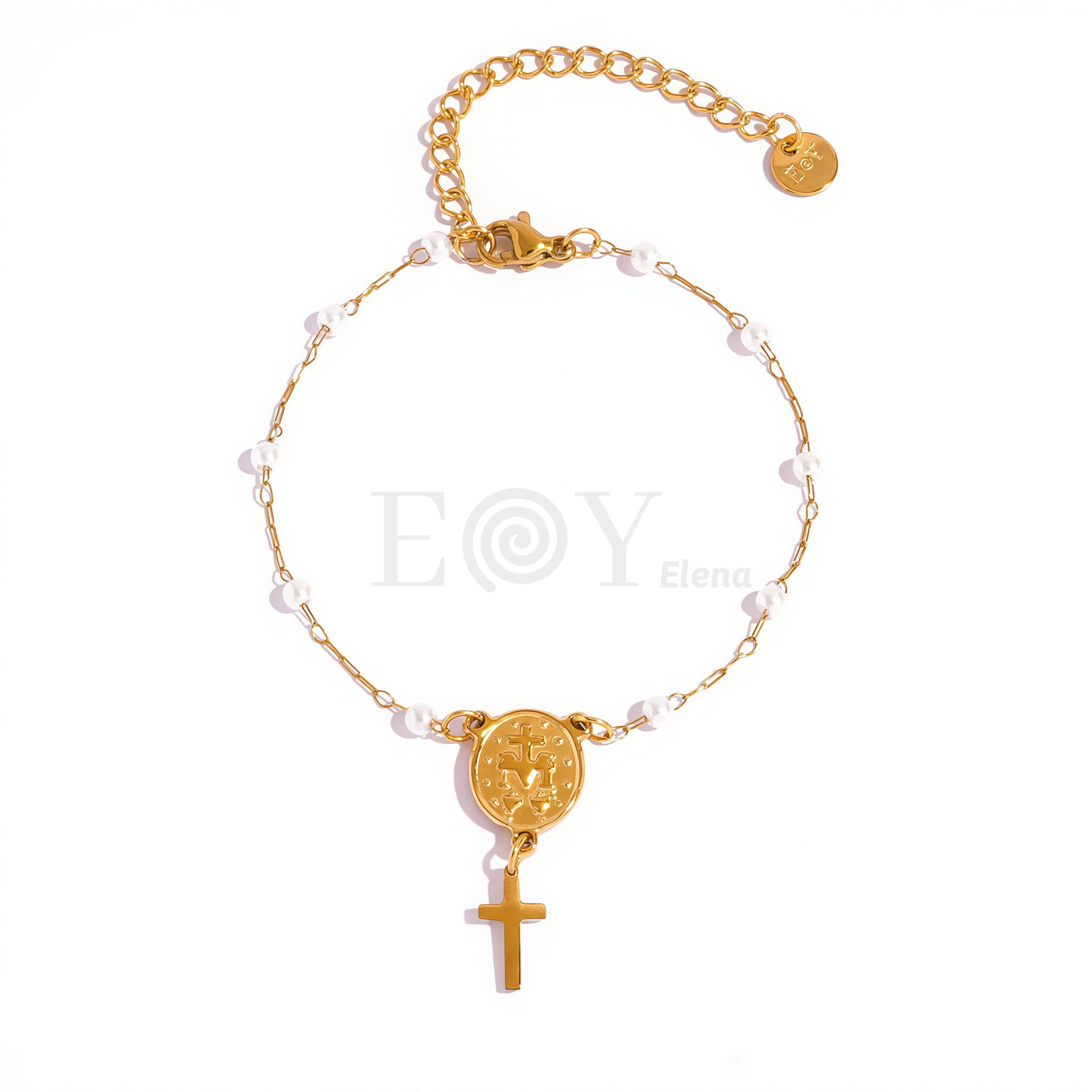 Pulsera bolitas chapa y cruz colgante