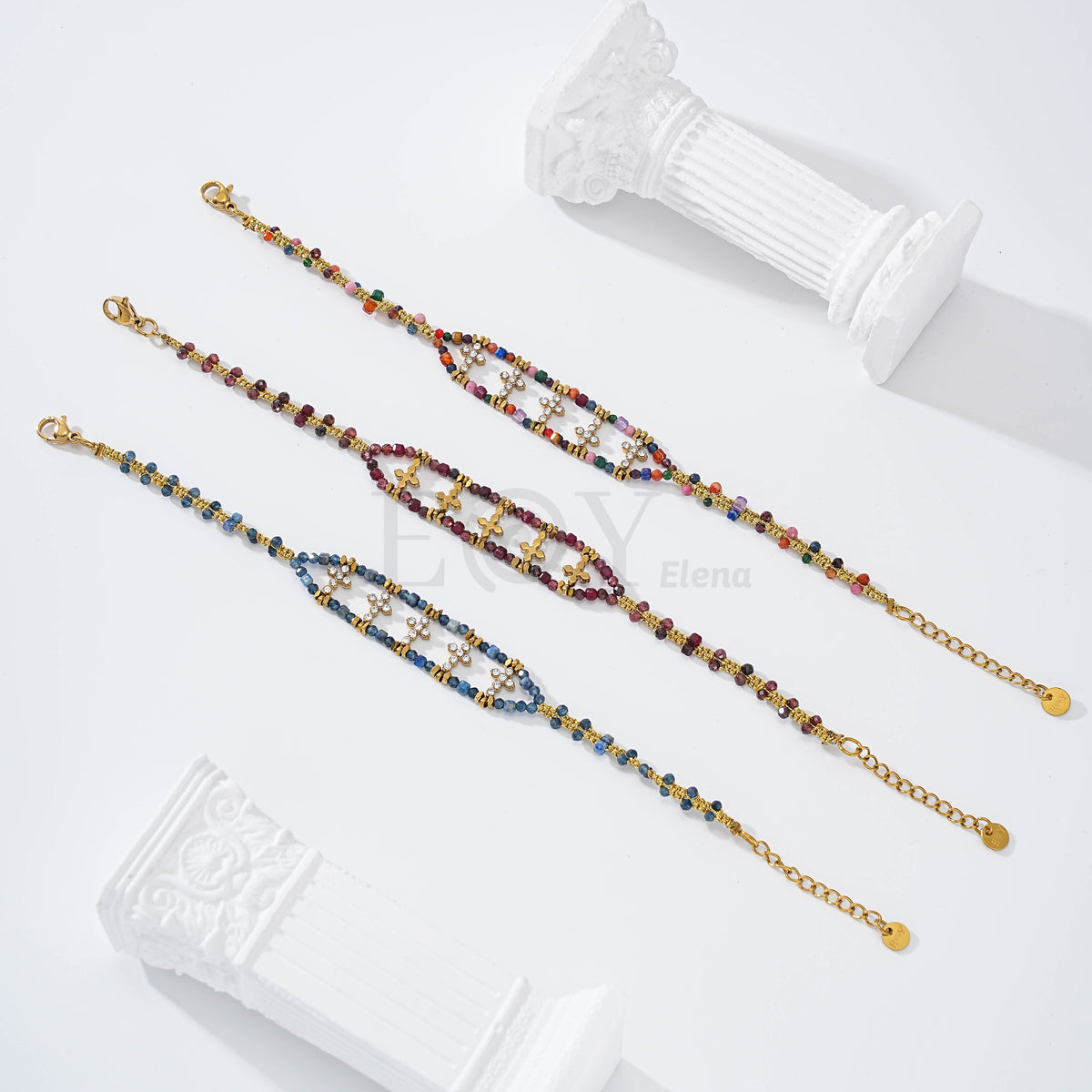 Pulsera piedras con cruces acero
