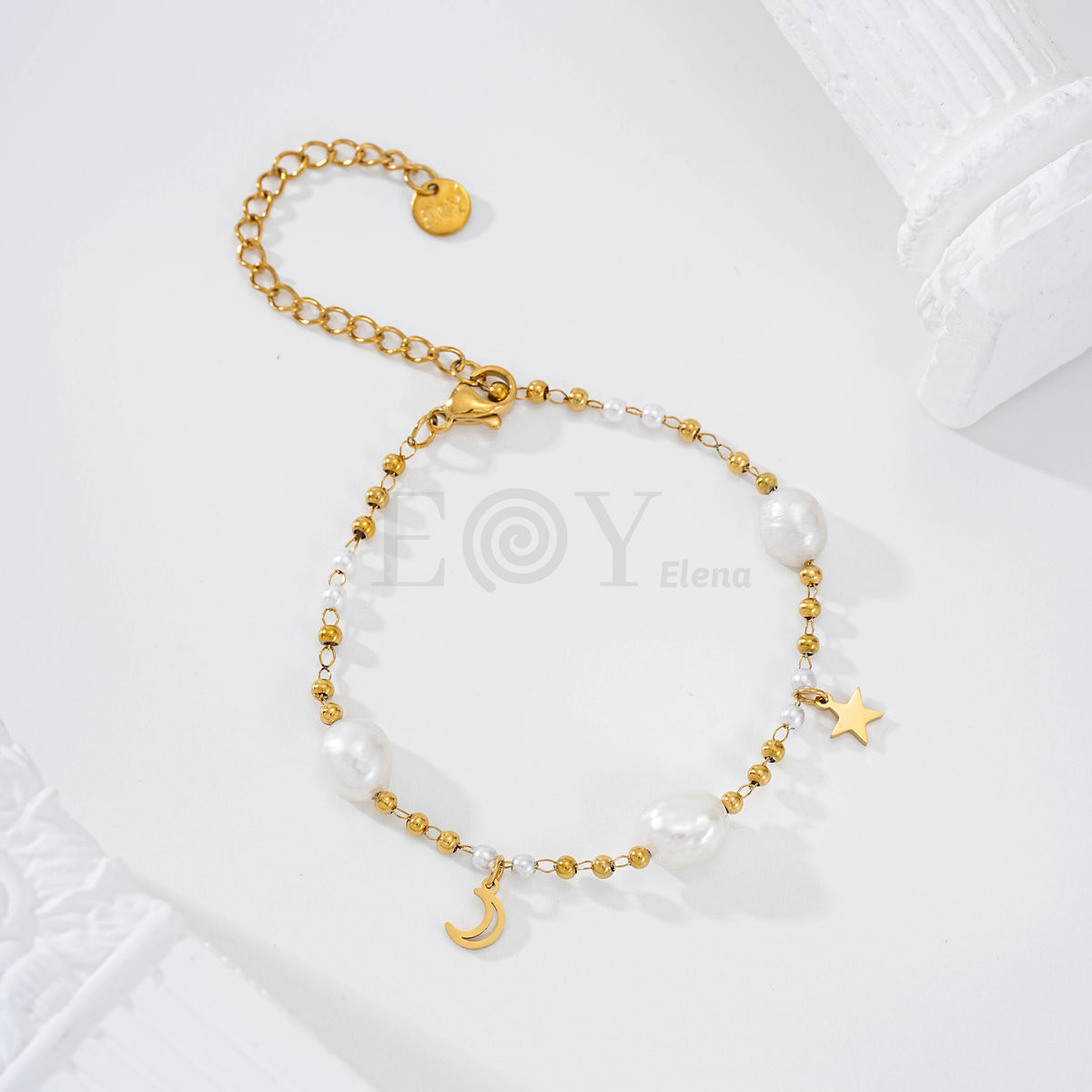 Pulsera con perlas, estrella y luna acero