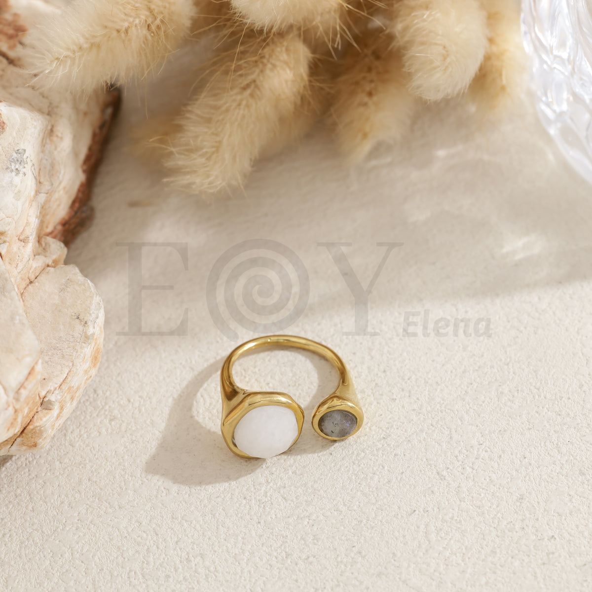 Anillo doble piedra redonda color acero