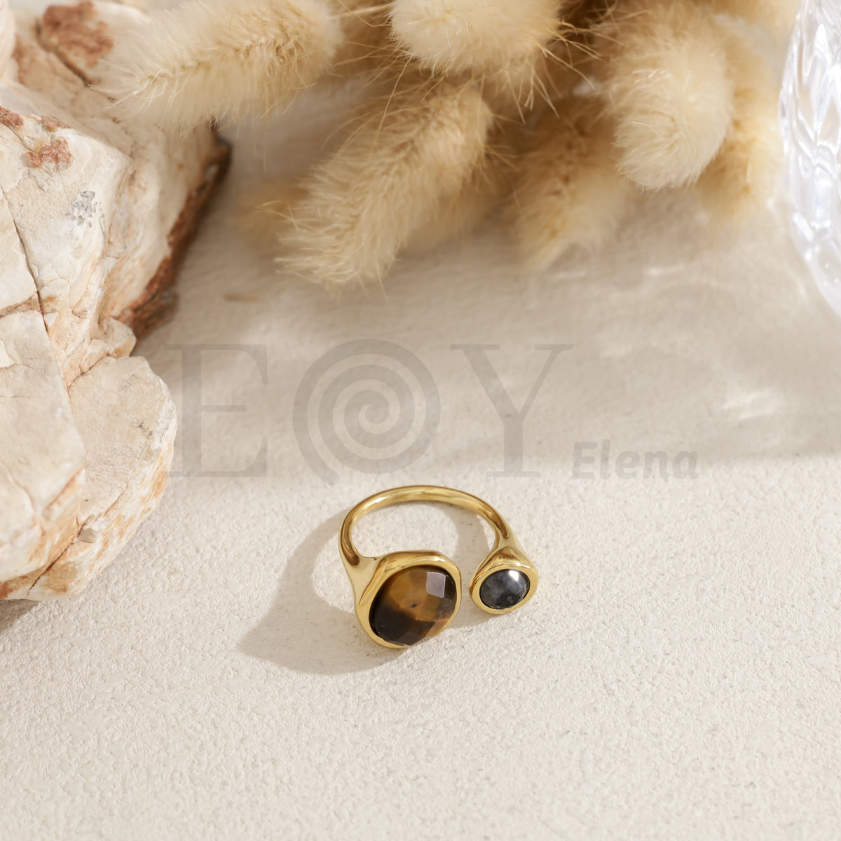 Anillo doble piedra redonda color acero