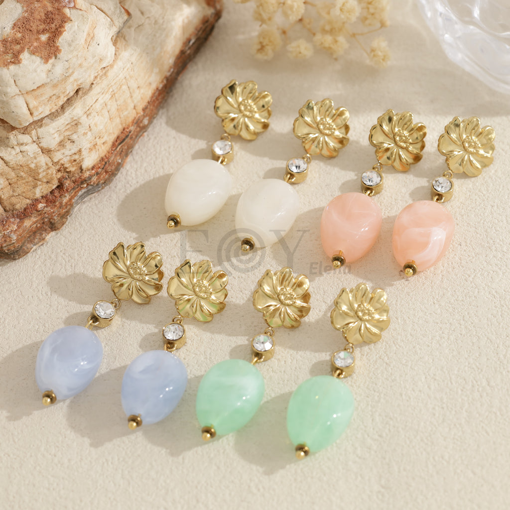 Pendientes flor con piedra ovalada pastel